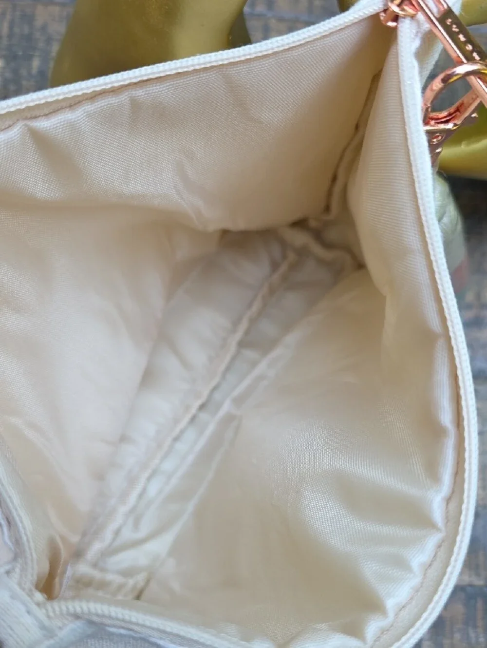 Monat Embroidered Natural Canvas Cosmetic Pouch Tassel Bag Charm Rose Gold Cream